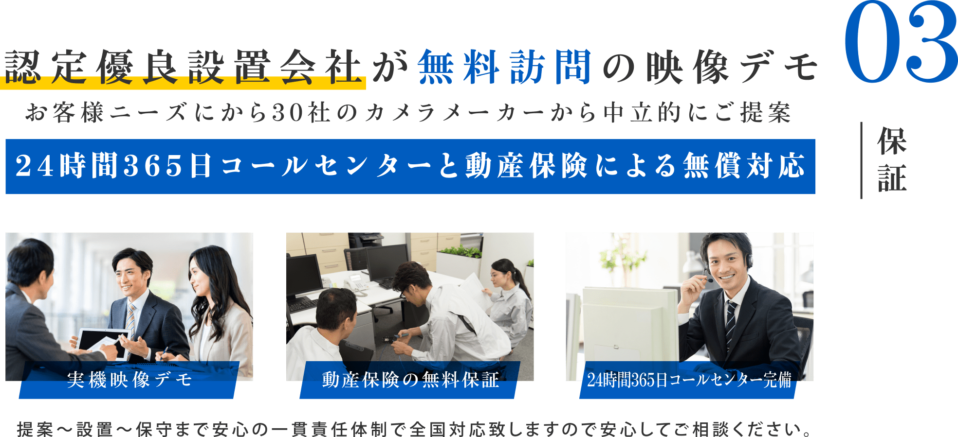 03 認定優良設置会社が無料訪問の映像デモ。お客様ニーズから30社のカメラメーカーから中立的にご提案。24時間365日コールセンターと動産保険による無償対応。